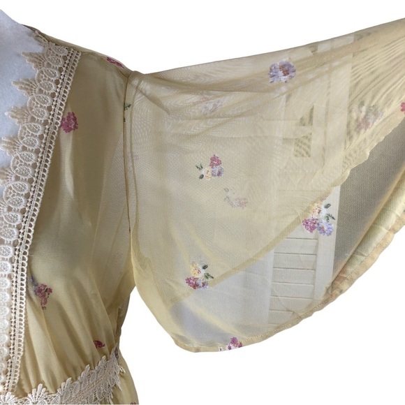 LIFE Maxi Sheer Mesh Duster Robe Women L Antique Gold Floral Pattern Lace Trim - Picture 6 of 9